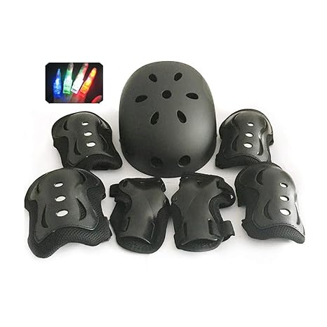 LEENY Sport-Schutzausrüstung 7Pcs Knieschoner Ellenbogenschoner Handgelenkschutz Helm mit Finger-Licht, Schutzset für Rollsch