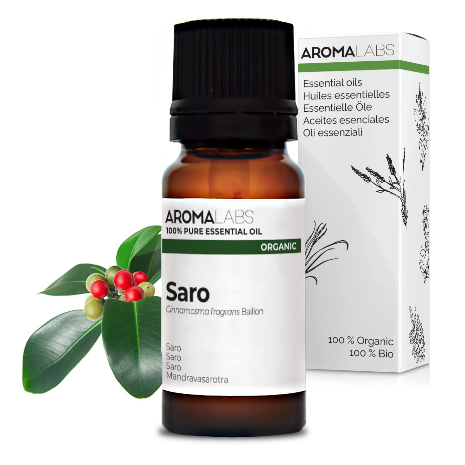 Bio - Saro Essential Oil - 10mL - 100% Pure, Natural, Chemotyped and AB/Cosmos Certified - AROMA LABS (French Brand)