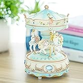 Clockwork Carousel Music Box - 3 Rotating Horses, Color-Changing LED, Timeless Melody | Luxury Home Decor for Enthusiasts, Ideal for Christmas, Birthdays, Valentine's (Blue)