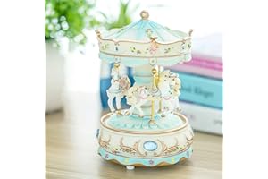 HKZTUY Carousel Music Box, 3-Horse Clockwork Design with Color-Changing LED Lights, Rotating Horse Decor for Christmas, Birthdays, and Valentine's Day (Blue)