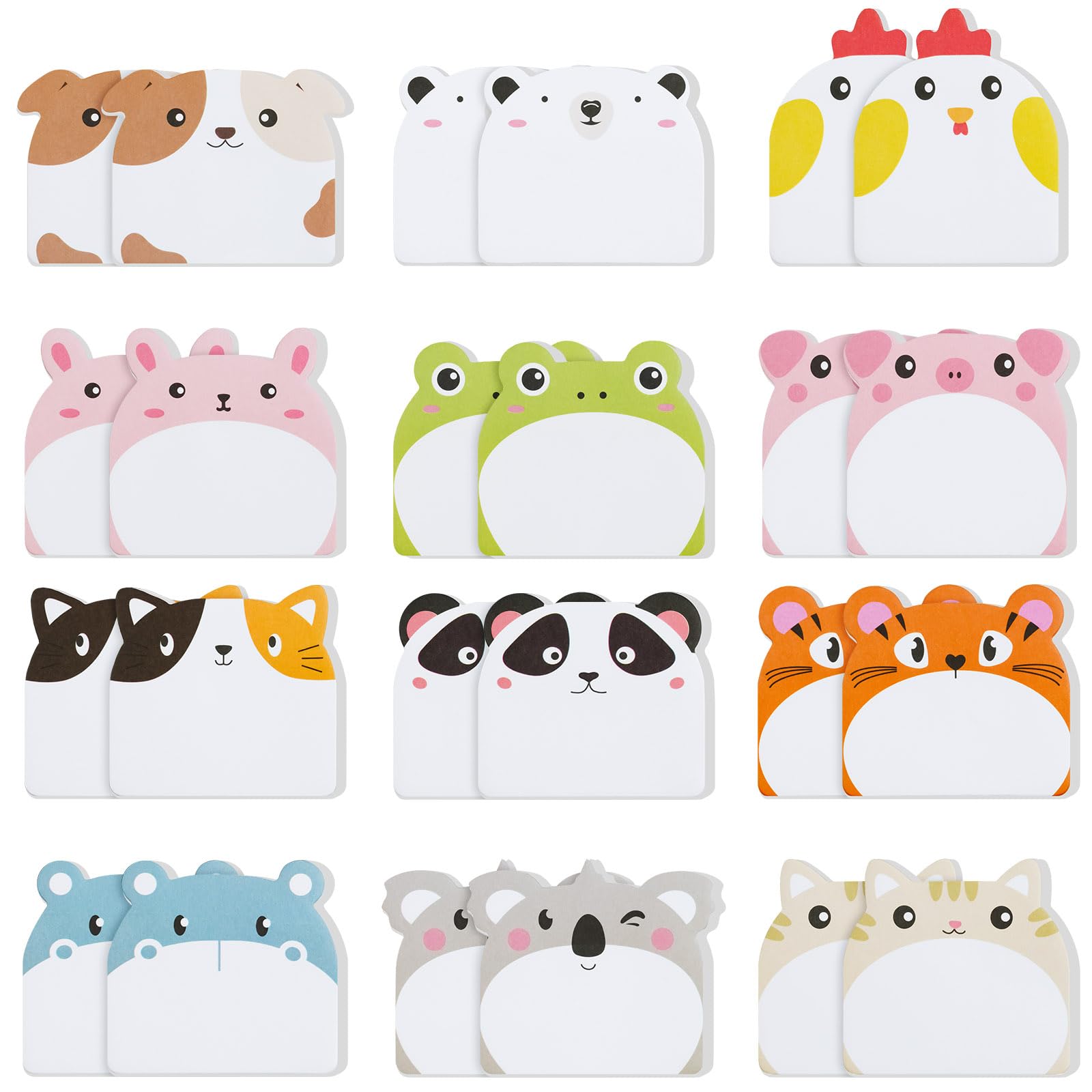 OFFCUP Cartoon Animal Sticky Notes, 24 Pack 12 Styles Cute Sticky Notes Set, 720pcs Sticky Notes for Party Bags Cartoon Message Note for School Office Memo Pupils Children Gifts Party Bags Filler (C)