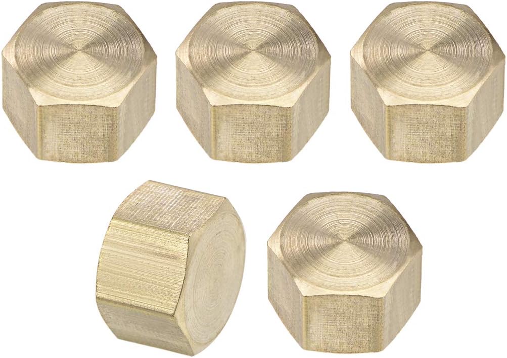 sourcing map Brass Cap 5pcs 1/4G Female Pipe Fitting Hex Compression Stop Valve Connector, Gold, G1/4