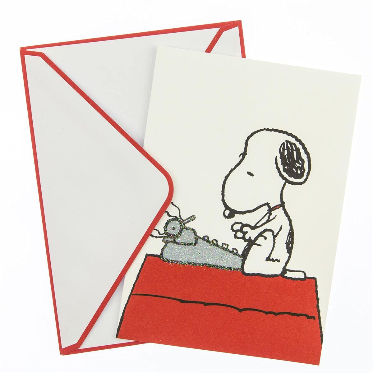 Graphique Peanuts Typewriter Boxed Notecards, 16 Snoopy at Typewriter Cards Embellished with Glitter, with Matching Envelopes and Storage Box, 3.25