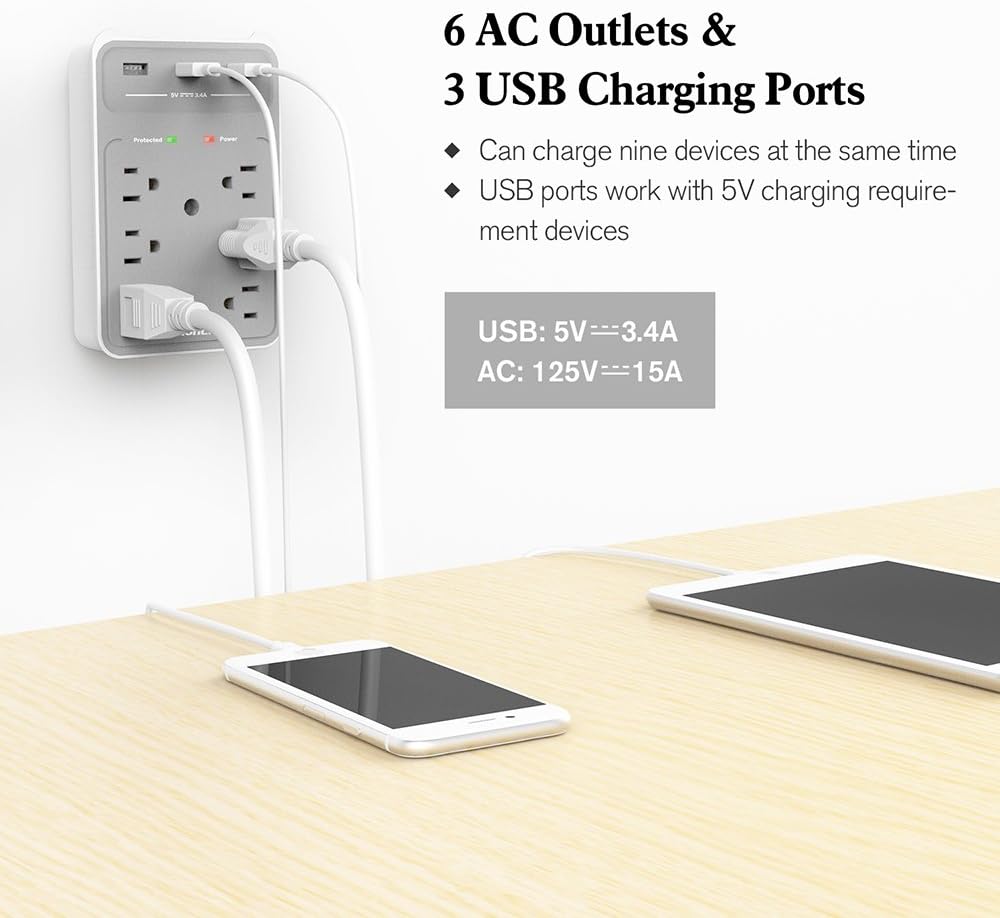 Huntkey 6 AC Outlets Surge Protector with 3 USB Charging Ports 3.4 Amp, SMD607: Home Improvement