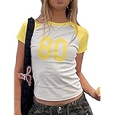 Cioatin Women Y2K Jersey 80s Graphic Raglan Short Sleeve Crop Tee Tops Crewneck Summer Slim Fit Going Out Baby Tshirt Girls