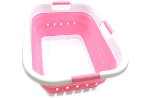 SAMMART 41L Collapsible 3 Handled Plastic Laundry Basket - Foldable Pop Up Storage Container/Organizer - Portable Basket - Space Saving Hamper/Basket (3 handled rectangular, White/Pink)