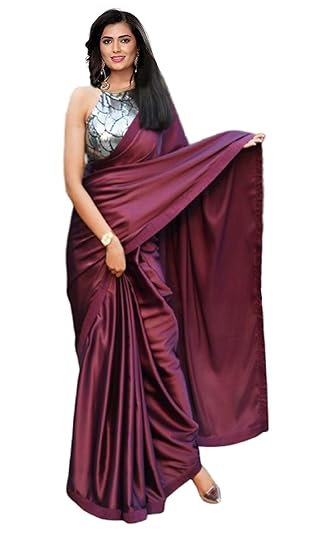 Women's Japan Satin Shiny Saree with Digital Print Blouse (Wine)