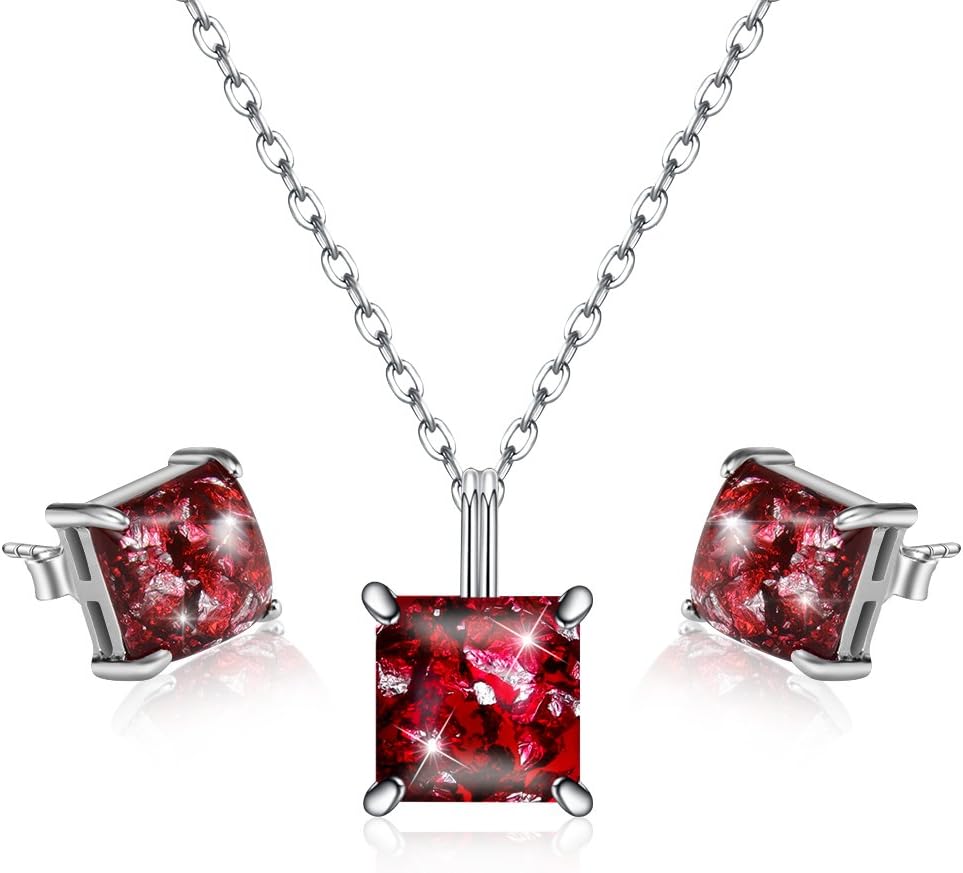 Women Stud Earrings Necklace Jewellery Set Silver 925 Sterling Silver Earrings Pendant Necklace Gemstone Quartz Healing Crystals Square Jewellery Set with Package Box Color Optional