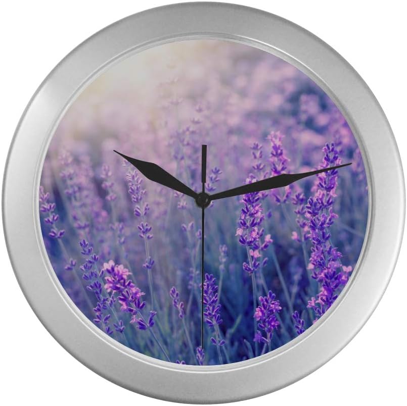 Amazon Com Classic Wall Clock Lavender Purple Flowers Blossom Fancy Wall Clock 9 65 Inch Silver Quartz Frame Decor For Office School Kitchen Living Room Bedroom Home Kitchen