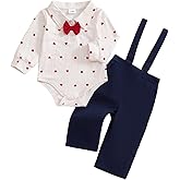 CREAIRY Newborn Baby Boy Valentines Day Outfit Gentleman Heart Bowtie Romper Shirt Suspender Overalls Pants Set Fall Clothes