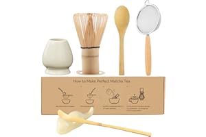 JAVANEST 6-Piece Bamboo Matcha Whisk Set - Includes Chasen Whisk, Whisk Holder, Stainless Steel Sifter, Bamboo Scoop, Spoon & Spoon Holder - Perfect for Traditional Japanese Matcha Preparation (Light Yellow)
