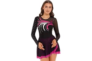 FEESHOW Lyrical Dresses Figure Skating Dresses for Women Rhinestone Dance Leotards Ballet Majorette Dance Uniforms