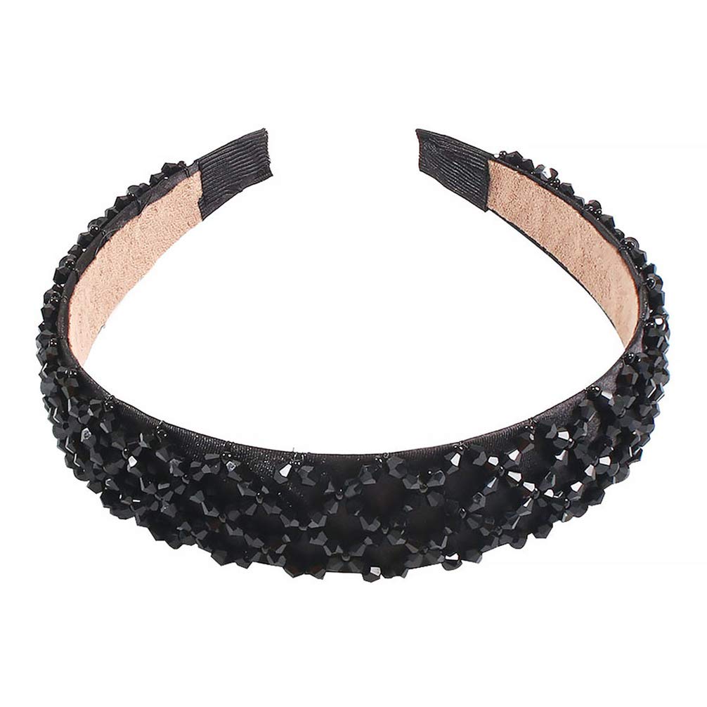 Minkissy Rhinestone Headband Thick Padded Hairband with Beads Sparkle Retro Wide Hair Hoop for Women Girls(Black)