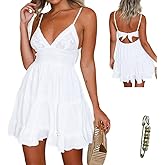 Yazinie Sleeveless Sexy V Neck Backless Dress Bow Tie Lace Swing Mini Short Flowy Dress Spaghetti Strap Dresses for Women White
