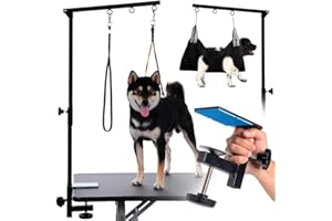 PHENFOR Dog Grooming Table Arm with Hammock - Adjustable Height, Pet Grooming Hammock, No Sit Haunch Holders, Loop Noose Heavy-Duty Clamp (Black)