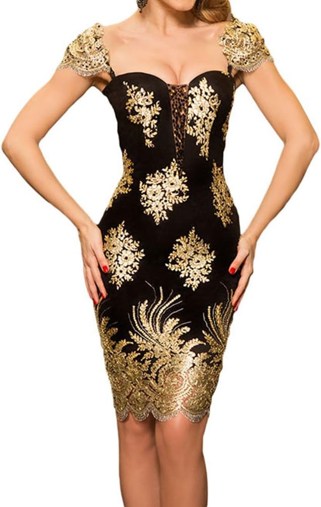 Uranus Women Victorian Sequins Applique Embroidered Puff Sleeve Sparkling Little Black Dress