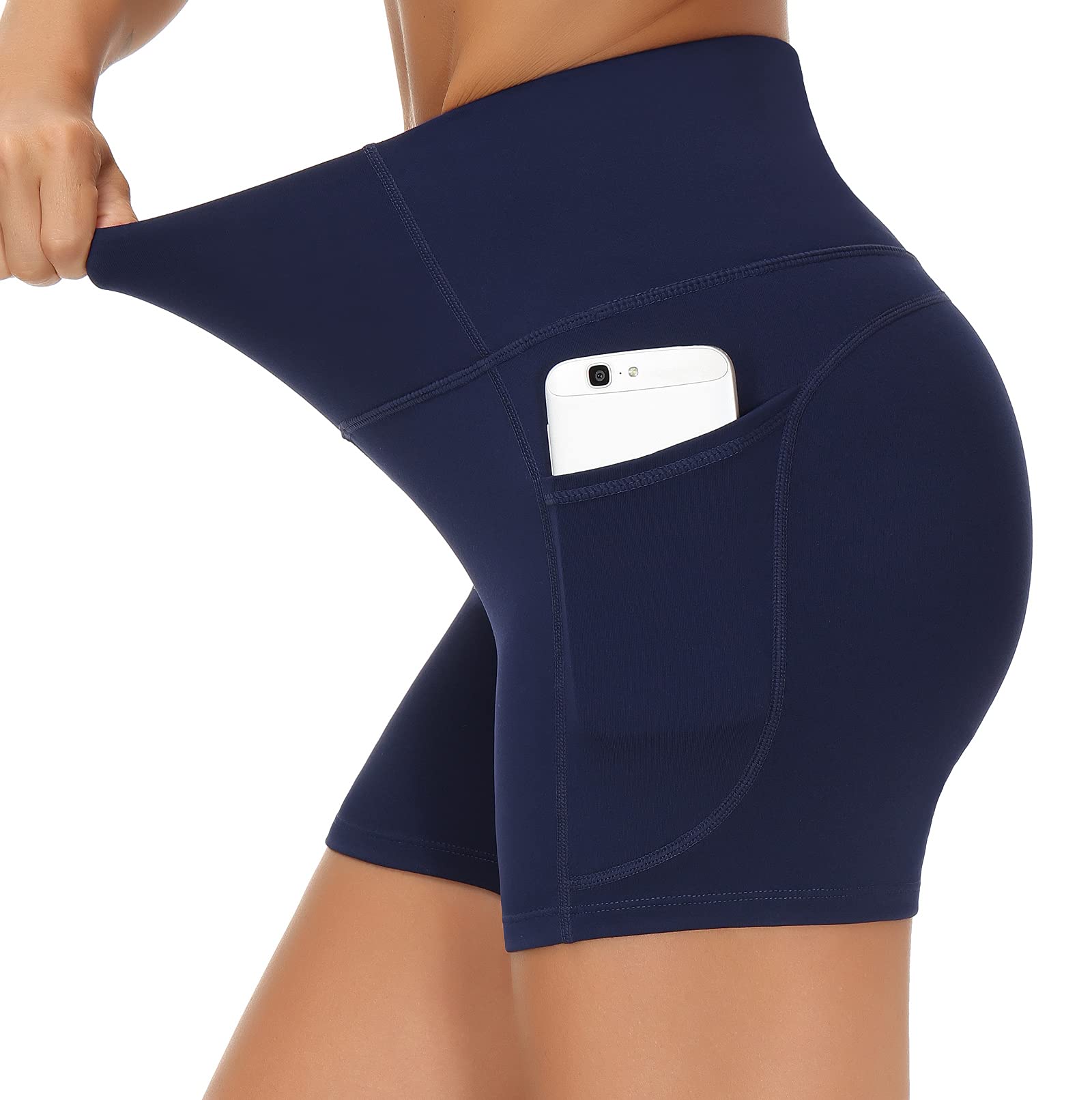Photo 1 of THE GYM PEOPLE High Waist Yoga Shorts for Women's Tummy Control Fitness Athletic Workout Running Shorts with Deep Pockets (Small, Blue)