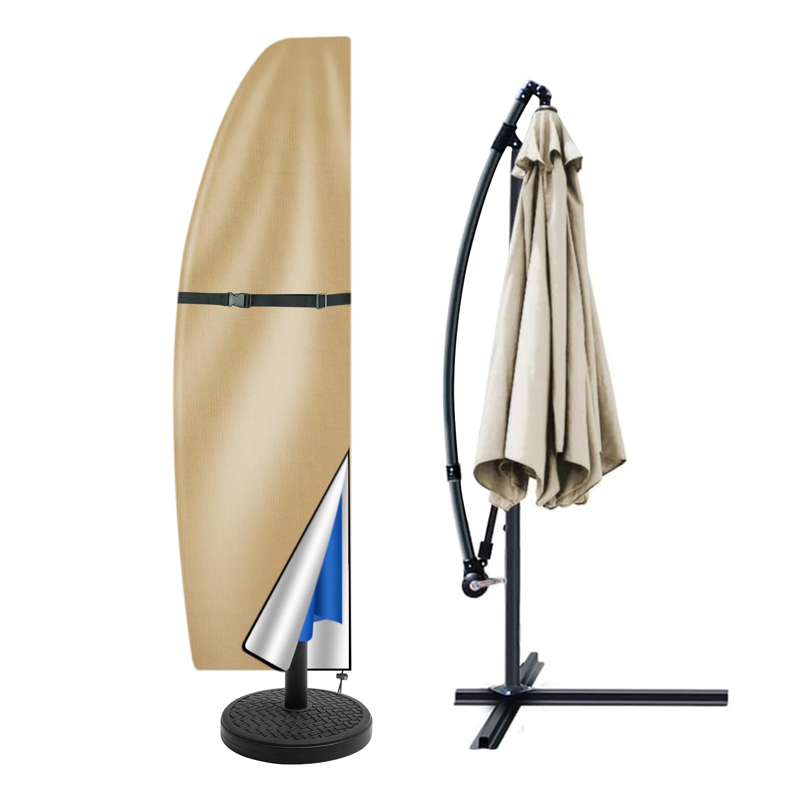 Teynewer Parasol Cover Waterproof, Cantilever Parasol Protective Cover with Telescopic Pole and Zipper Fit for 1 to 3 m Large Umbrella Patio Parasol Weatherproof UV-Anti Windproof, Khaki