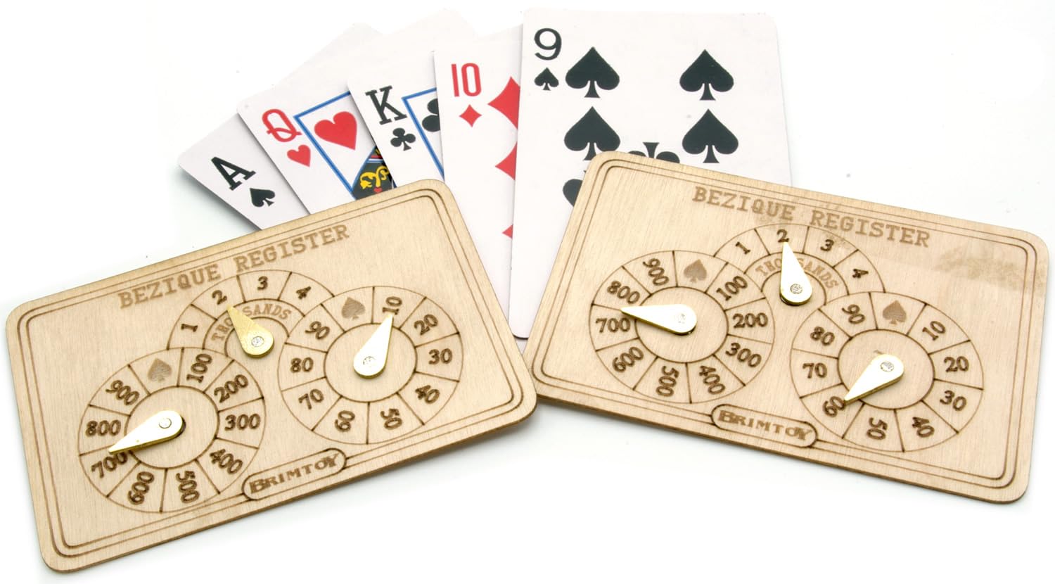 Brimtoy Bezique Markers - Classic Bezique Score Registers - Pair of Engraved Wood with Brass Pointers - Handmade in UK - Adults 14+ - Card Game