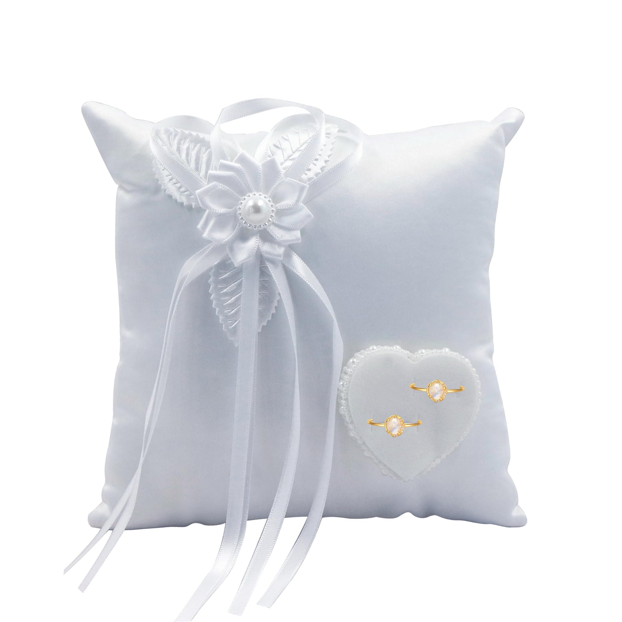 Wedding Ring Pillow Marriage Cushion - Romantic Wedding Ring Cushion Ring Box Wedding Favours Ring Holder Ring Bearer Cushion White with an Elegant Satin Flora, 20cm*20cm
