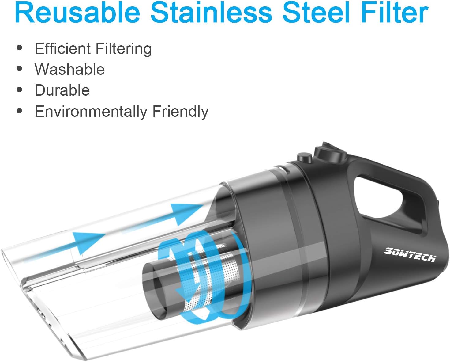 Handheld Vacuum Cleaner, SOWTECH Vacuum Cleaner Cordless Lightweight Vacuum Cleaner Rechargeable Portable Household Vacuum Cleaner with Stainless Steel Filter and 6 Accessories for Home, Office, Car -