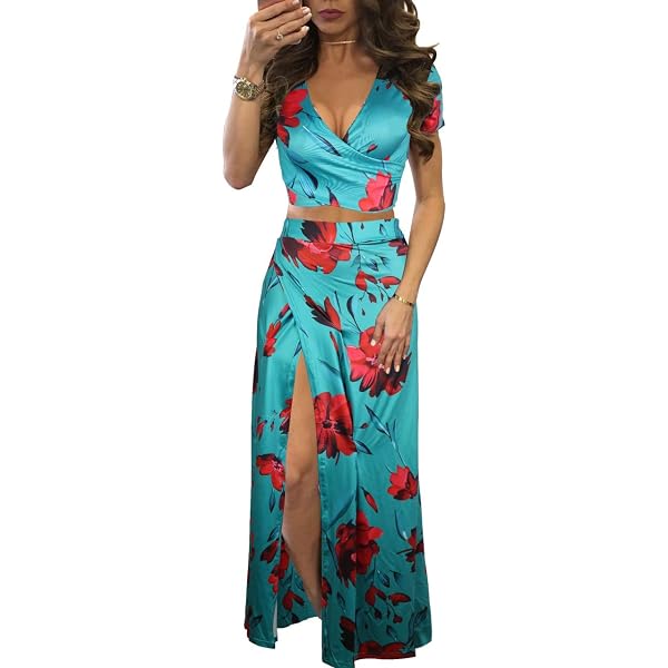 Evarisy Women's Floral Print Chain Decor Maxi Dress - Split Thigh, Tie Back, Halter Neck, Summer Beach Dress