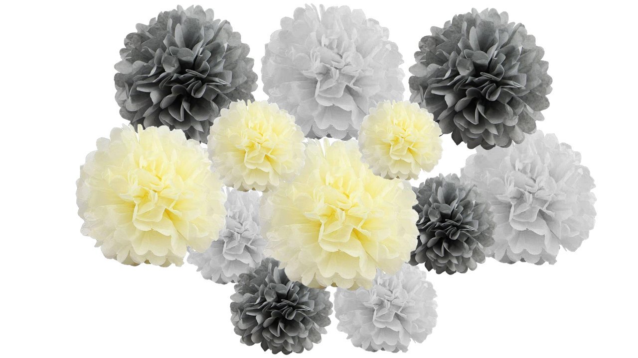 pack of 12 Pack Mixed Tissue Paper Pompom Pom Pom Hanging Garland Wedding Party Decorations (Grey Shade, mix 8" & 10" (20 cm & 25 cm))