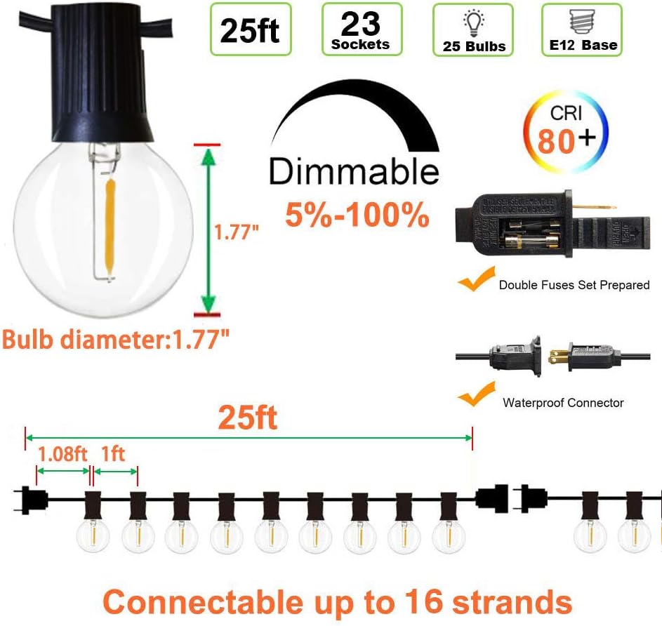 Svater Globe String Lights Outdoor,25FT Led Patio Lights with 23pcs E12 Socket, 25Pcs G40 1W Clear Glass Bulbs String for Cafe Bistro Backyard Garden: Home Improvement
