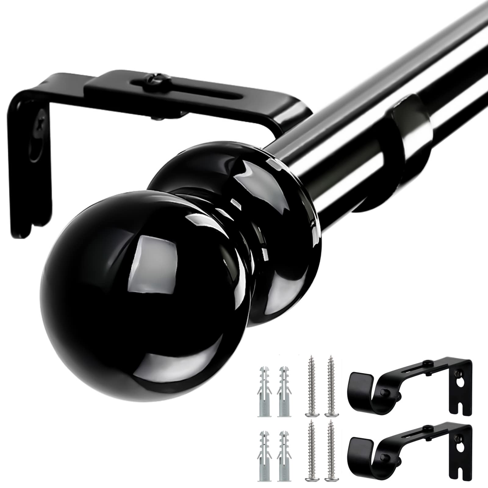 Harrms Curtain Pole for Windows, 76-221cm, 2.5cm Thickness Adjustable Single Curtain Rod with Round Finial Heavy Duty Decorative Windows Drapery Rods for Living Room, Bathroom, Bedroom, Black