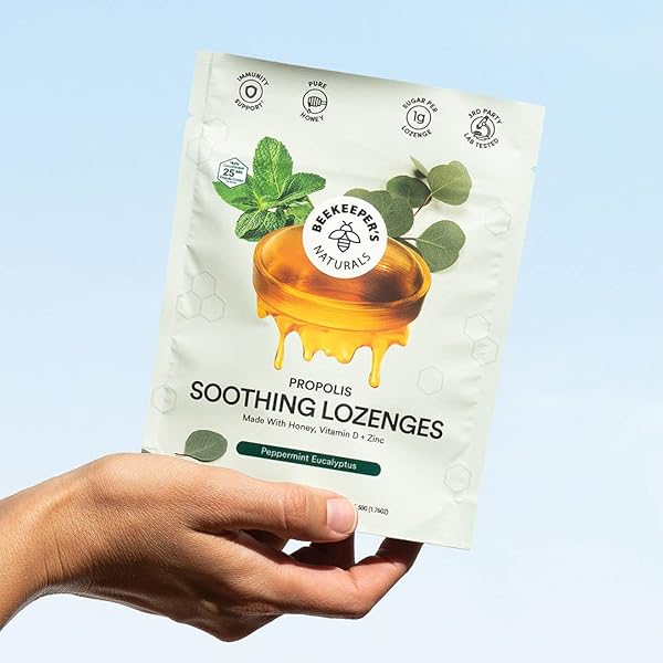 BEEKEEPER’S NATURALS SOOTHING MINT EUCALYPTUS COUGH DROPS, IMMUNE SUPPORT WITH VITAMIN D, ZINC AND PROPOLIS, COOLING & THROAT SOOTHING LOZENGES, 14 CT