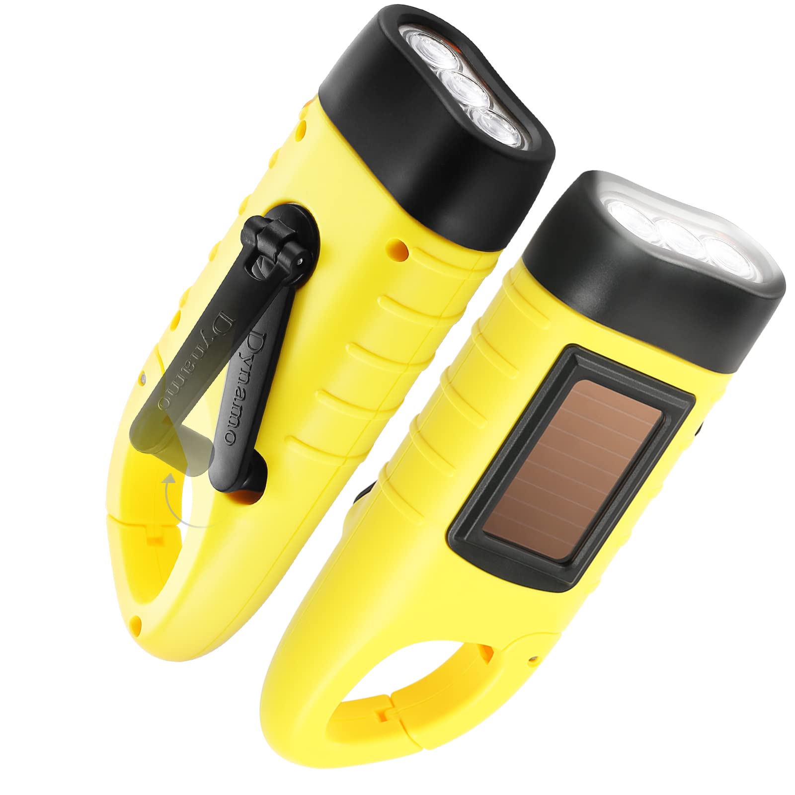 GeeRic 2-Pack Hand Crank Solar Powered Flashlight, Emergency Rechargeable LED Torch for Outdoor Sports, Quick Snap Carabiner Dynamo Flashlight - Yellow