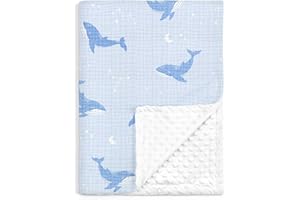 SANDJEST Whale Baby Blankets for Boys Girls, Soft Nursery Minky Blankets with Muslin and Dotted Fleece Back 30x40 inches, Receiving Bed Quilt for Newborn, Infants, Toddlers