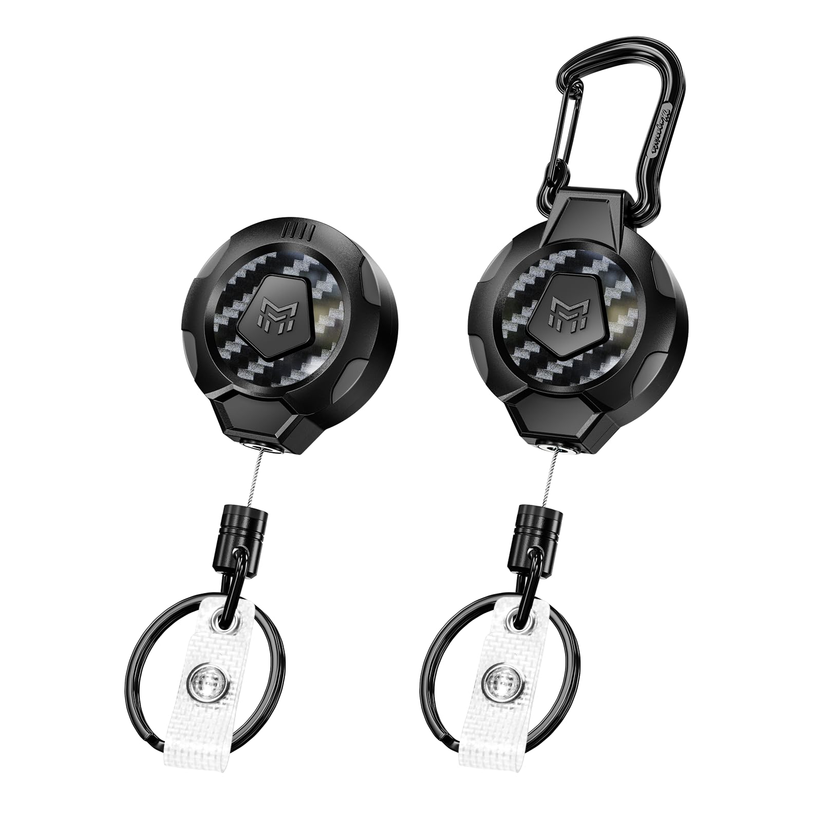 MNGARISTA 2 Pack Heavy Duty Retractable Keychain Belt Clip & Carabiner,3K Carbon Fiber,283.5g Max Load,80cm Steel Cable Tactical ID Badge Reel for Work,Outdoor & Daily Use-Black