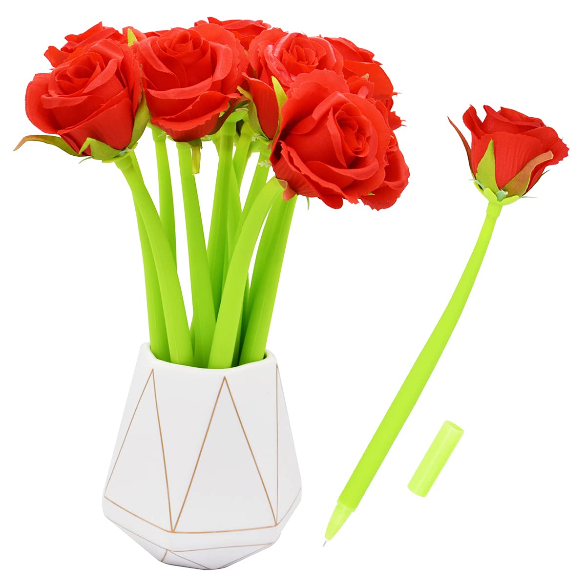 SIPLIV 12Pcs Creative Artificial Flowers Gel Ink Pen Ballpoint Pen Liquid Black 0.5mm Gel Ink Rollerball Pen for Girls Women, Office School Supplies - Red Rose
