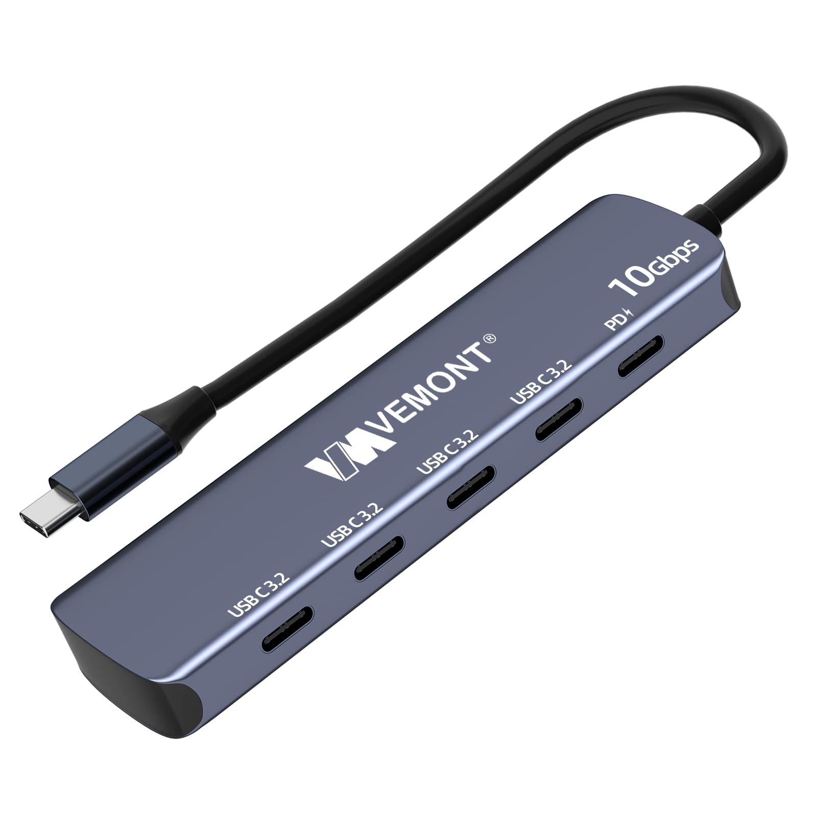 Photo 1 of VEMONT 10Gbps USB-C Hub:4-Port 10Gbps Data Transfer and 100W PD Charging for laptops. USB 3.2 Gen 2 Standard. Compatible with MacBook, iPhone, iPad, Surface Pro, and Other USB-C Devices.