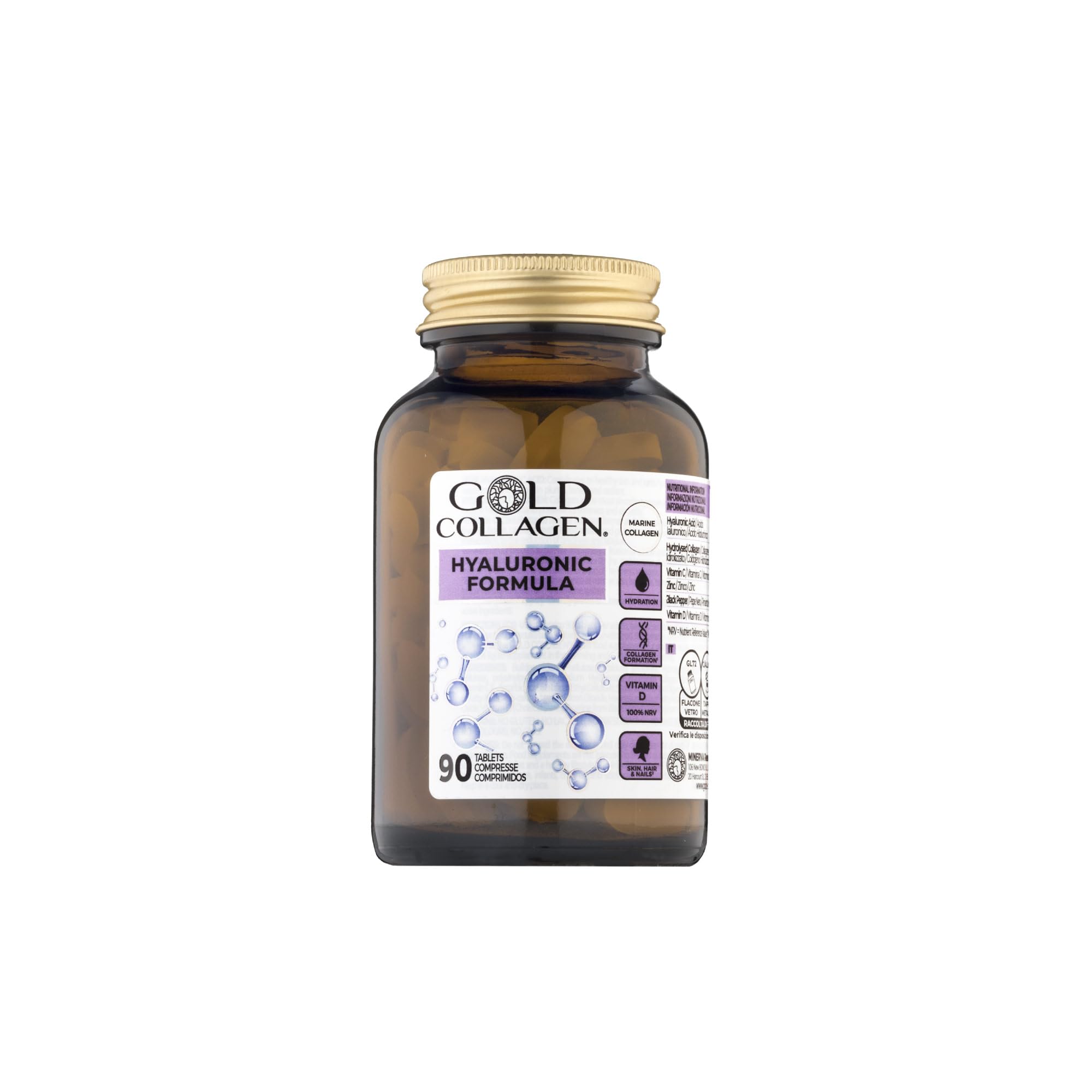 GOLD COLLAGEN Hyaluronic Formula - Collagen Supplements for Women Enhanced with Vitamin D, Vitamin C, Hyaluronic Acid & Zinc, 90 Tablets - Collagen Tablets for Skin Hydration, Hair, Nail & Joint Care