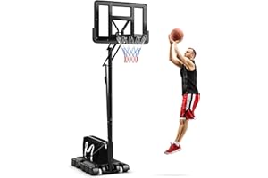 GYMAX Basketball Hoop, Grip-and-Pull 4.6/7.9-10 Ft Height Adjustable Basketball Goal with 44" PC Backboard, 18’’ Rim & Weight