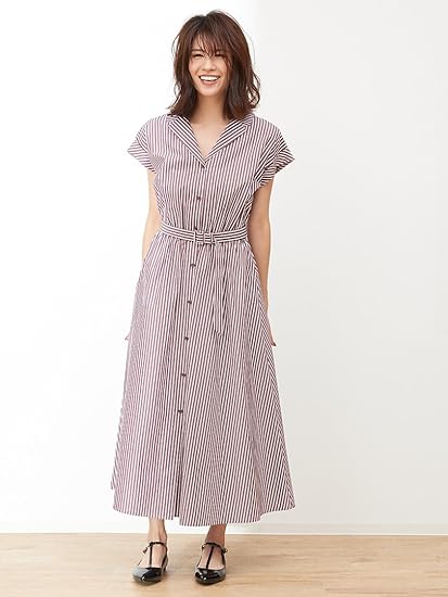 Amazon ルージュ ヴィフ ラクレ Rouge Vif La Cle ワンピース ドレス 開襟ストライプシャツワンピース レディース ブラウン Free ワンピース チュニック 通販