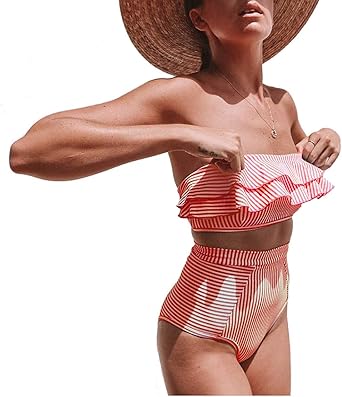 striped ruffle high waisted bikini set