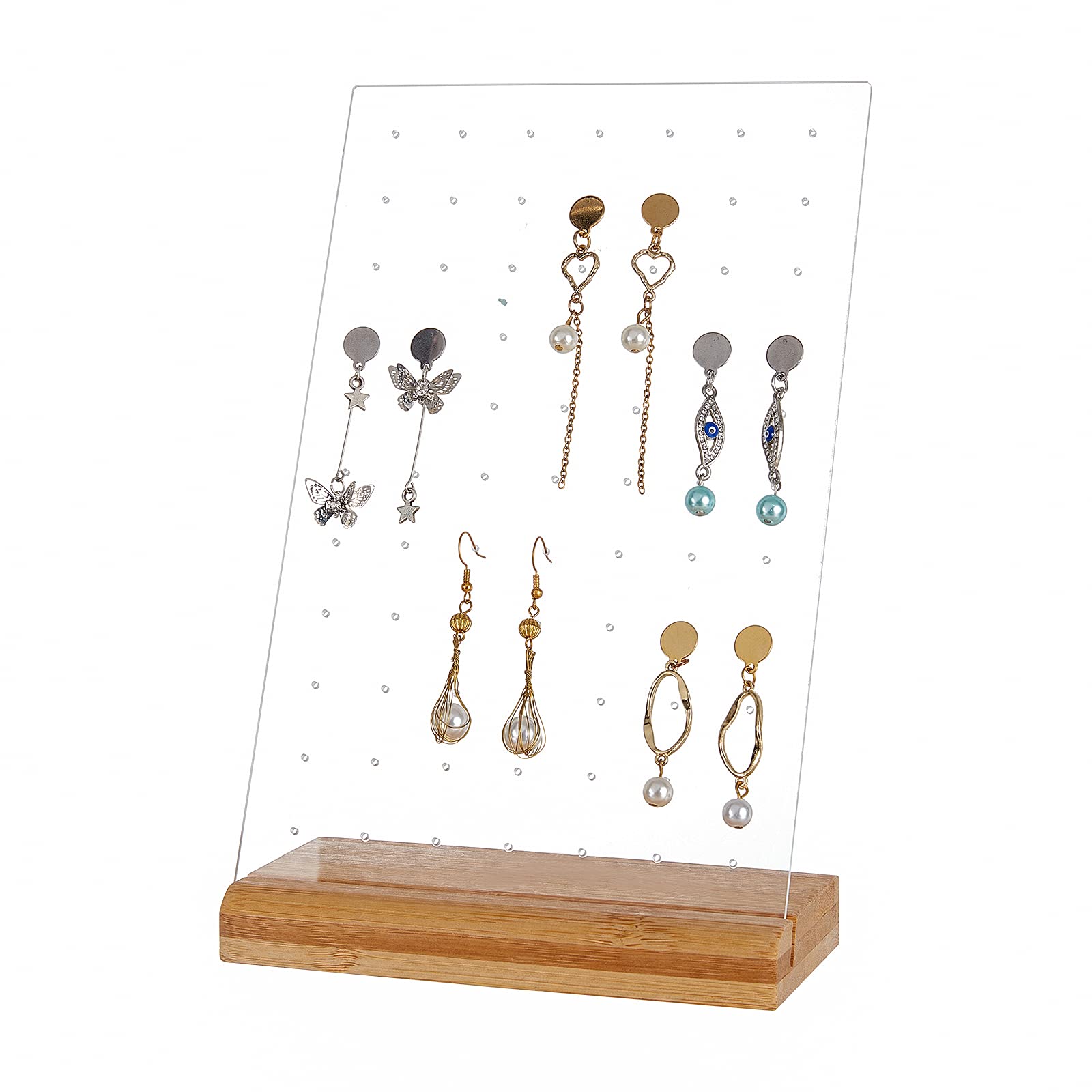 PandaHall Earring Stud Display Pegboard Crystal Acrylic Earring Hanger Board Earring Holder Stand Organizer with Wood Base for Earring Necklace Jewellery Display, 77 Holes, 24x15cm/9.4x5.9inch