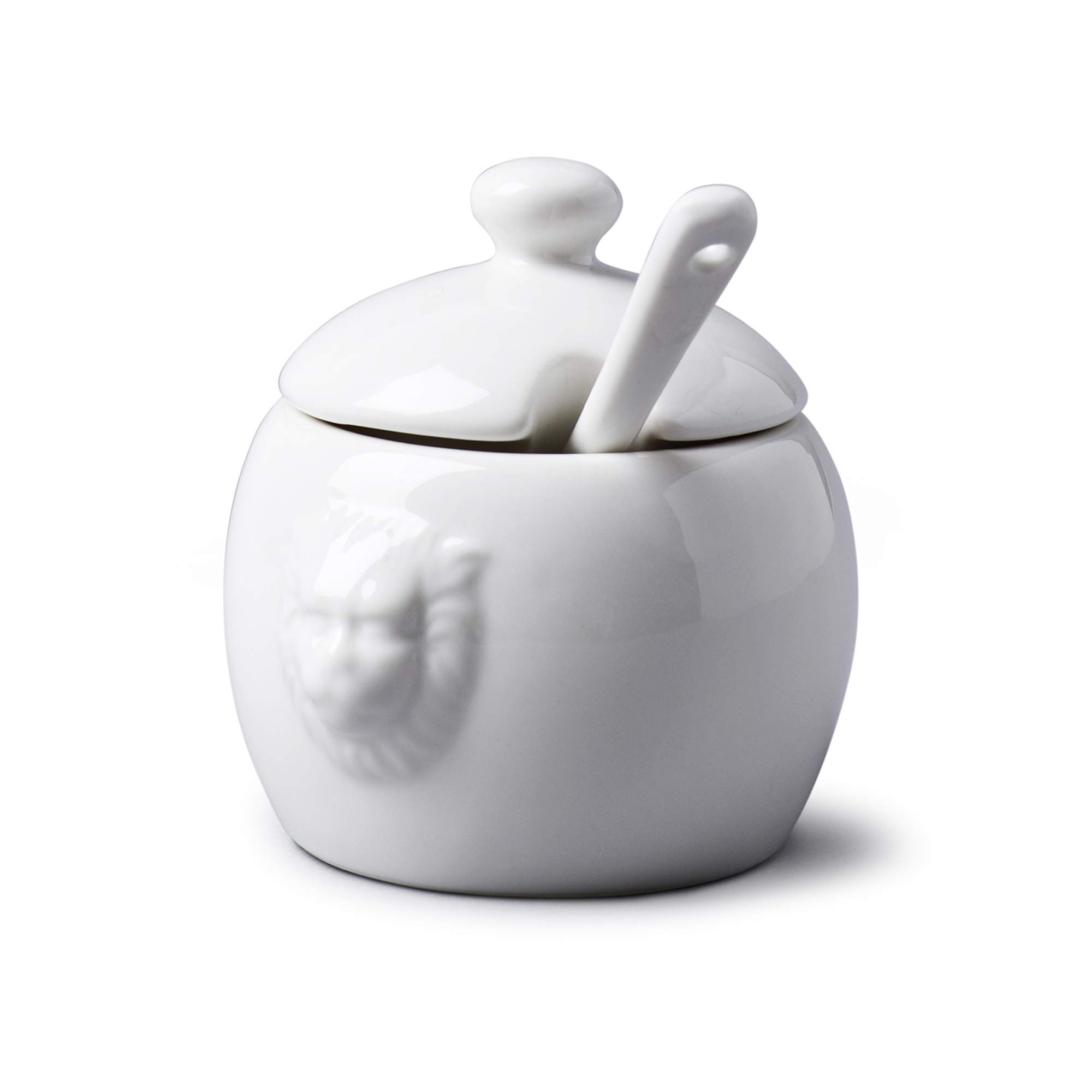 WM Bartleet & Sons – Traditional Porcelain Mustard/Jam/Sugar Pot, Lion Head Design Storage Pot with Serving Spoon and Lid (8cm). Made From 100% Porcelain – Classic Smooth Finish, White