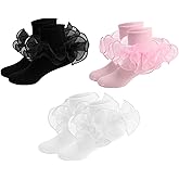 NICNZQI 3 Pairs Girls Ruffle Socks Toddler Double Lace Turn Cuff Socks for Little Baby Big Girl and Kids