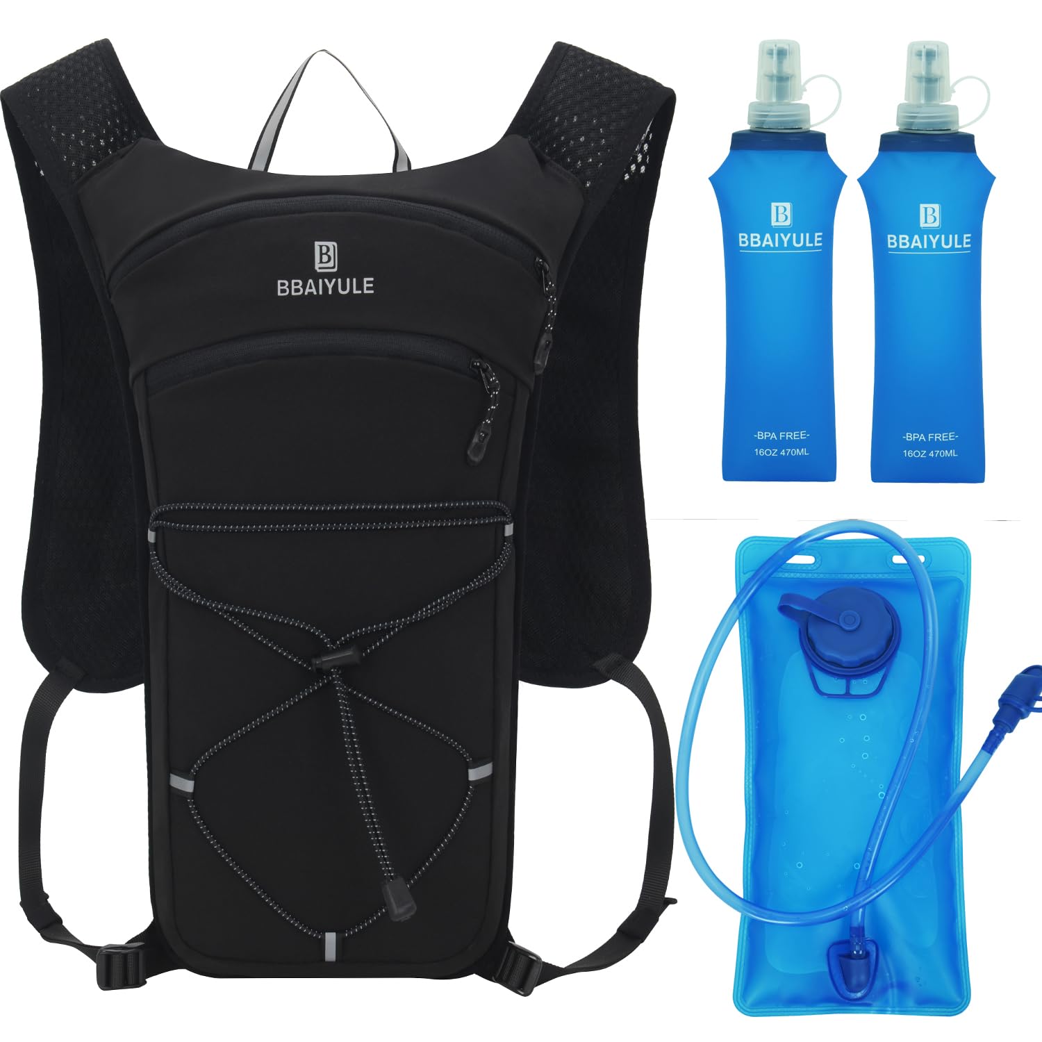 BBAIYULE Hydration Vest Running Backpack, Lightweight Running Vest Pack with hydration bladder and Soft Flask for Men Women Outdoor Cycling Marathon Trail Race (With 2l bladder and 2pcs soft flasks)
