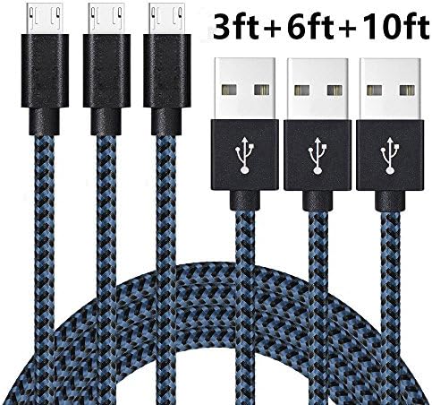 AOSON Micro USB Cable [3Pack] Braided Fast Charger Cordsfor Samsung USB Cables/Android Cables - Micro USB Charging Cables for Galaxy S7/S6/S5,Note 5/4/3,HTC,LG,Nexus Sony (3ft 6ft 10ft Black Blue)