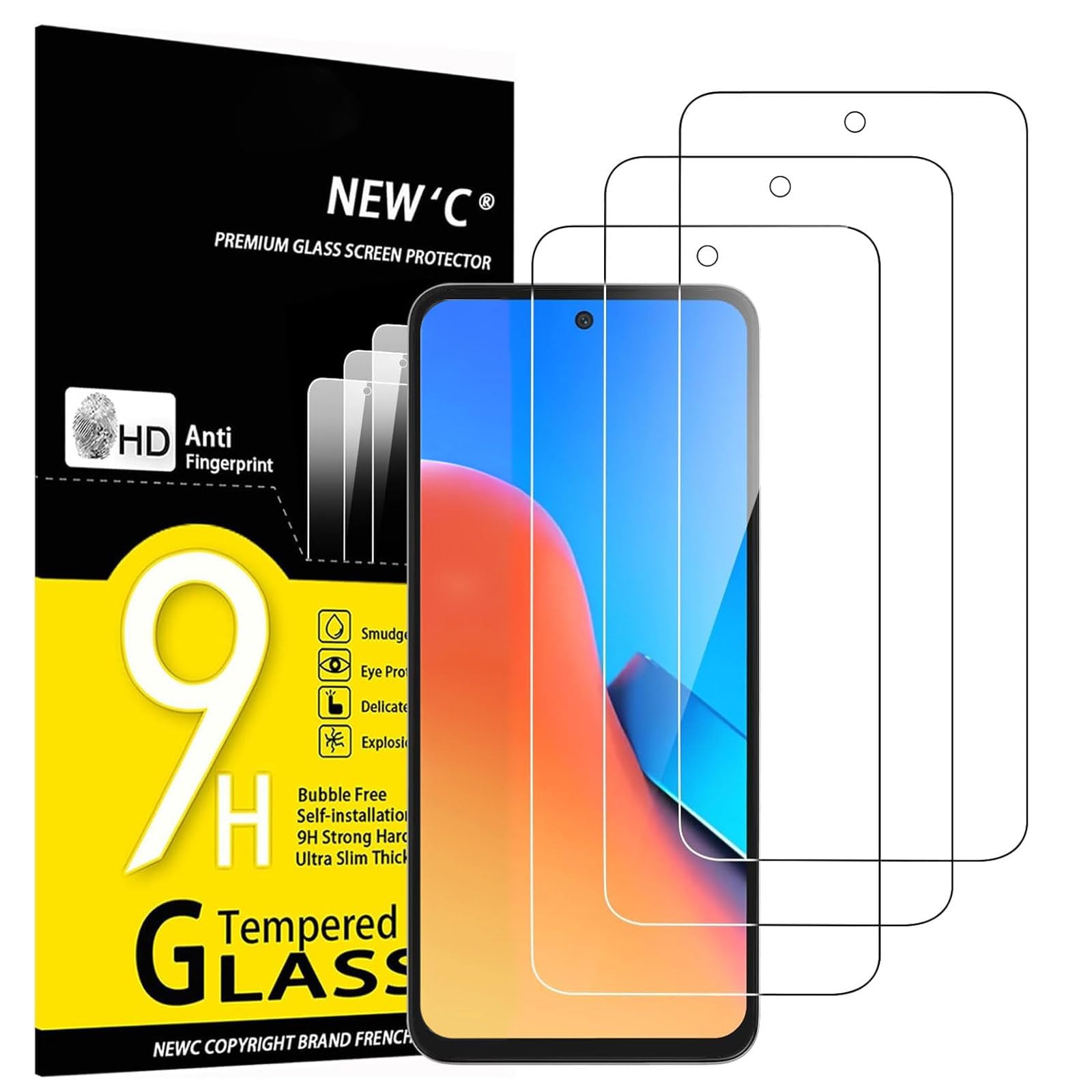 NEW'C 3 Pack Designed for Xiaomi Redmi 12 Screen Protector Tempered Glass,Case Friendly Scratch-proof, Bubble Free, Ultra Resistant