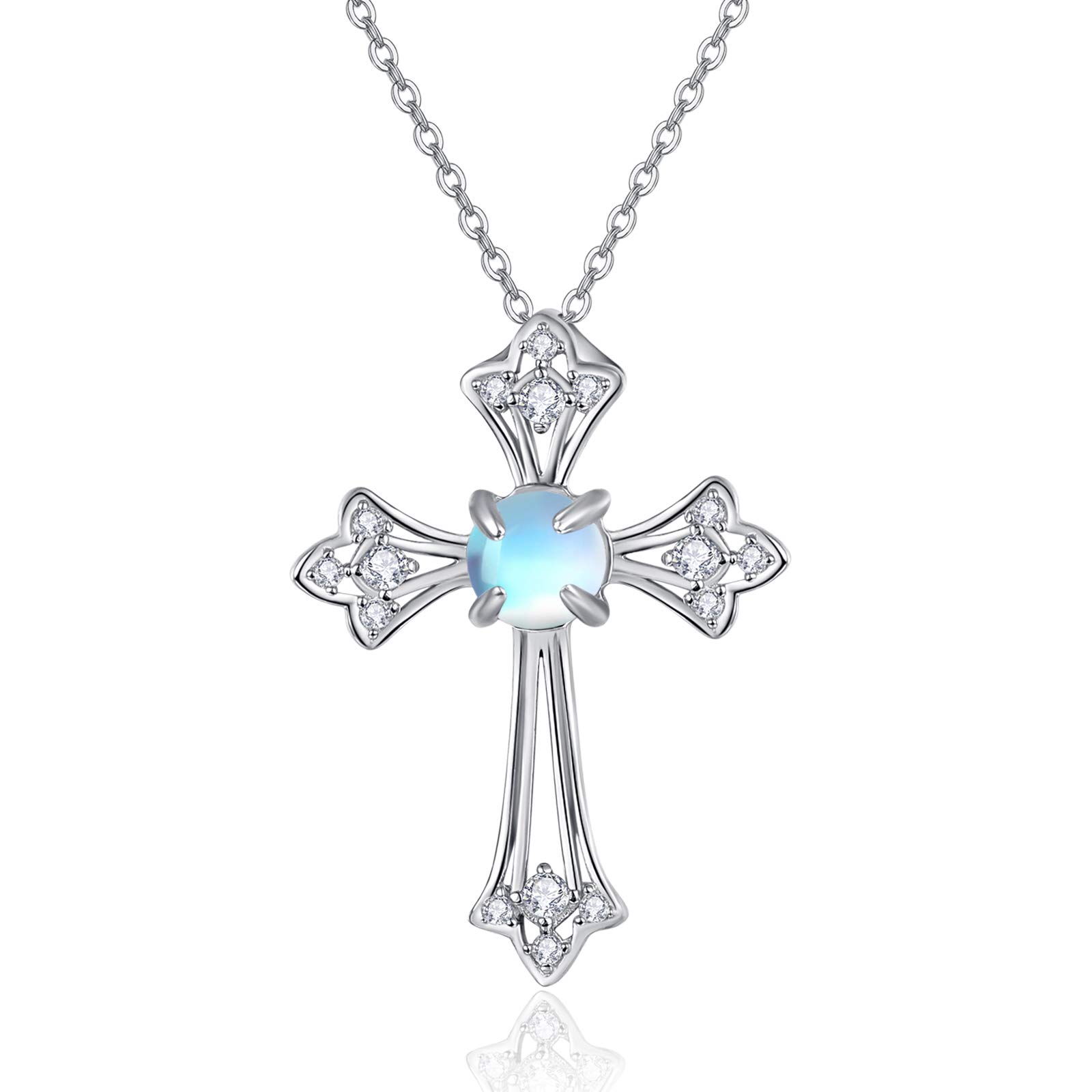 praymos Cross Necklace Moonstone 925 Sterling Silver Necklaces for Women Girls Silver for Women Mothers Gift Jewelry for Her