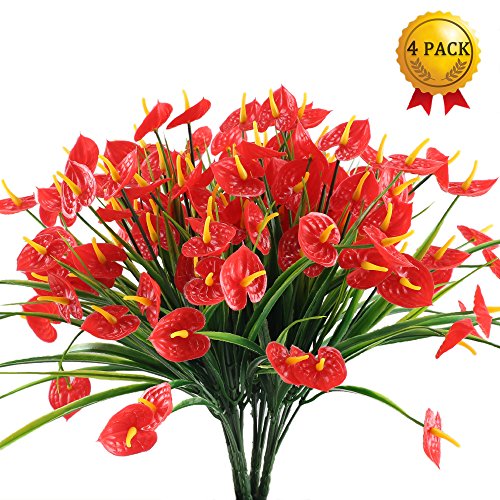Nahuaa 4PCS Artificial Anthurium Flowers Fake Greenery Plants Faux Plastic Wheat Grass Shrubs Table Centerpieces Arrangements Home Kitchen Office Indoor Outdoor Spring Decorations Red