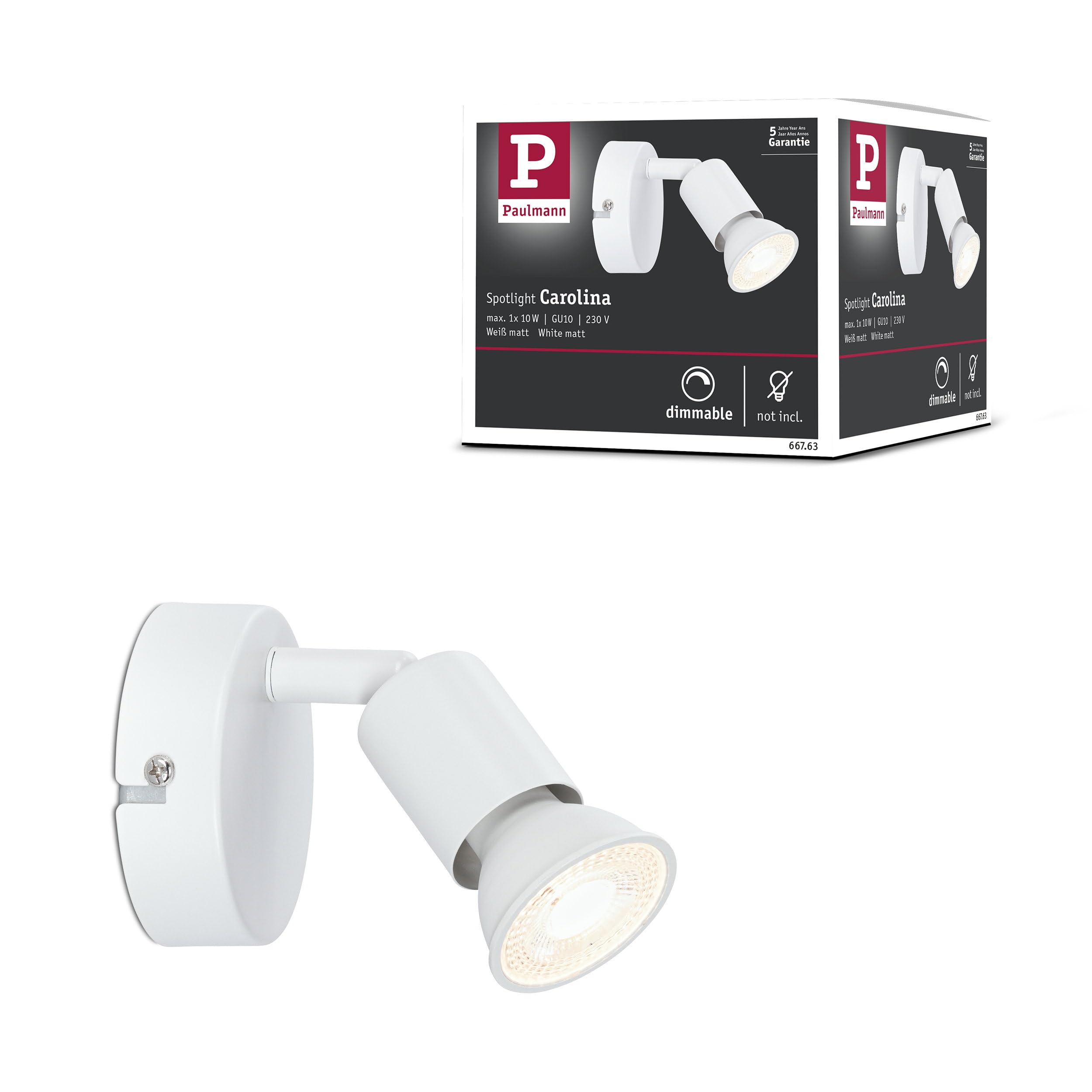 Paulmann Carolina 66763 Spotlight 1-Bulb Max. 10 Watt Ceiling Light White Matt Metal GU10 Ceiling Spotlight Without Bulb