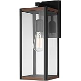 GLOBE Electric 44681 1-Light Outdoor Indoor Wall Sconce, Matte Black, Faux Wood Accents, Clear Glass Shade, Back Porch Lights