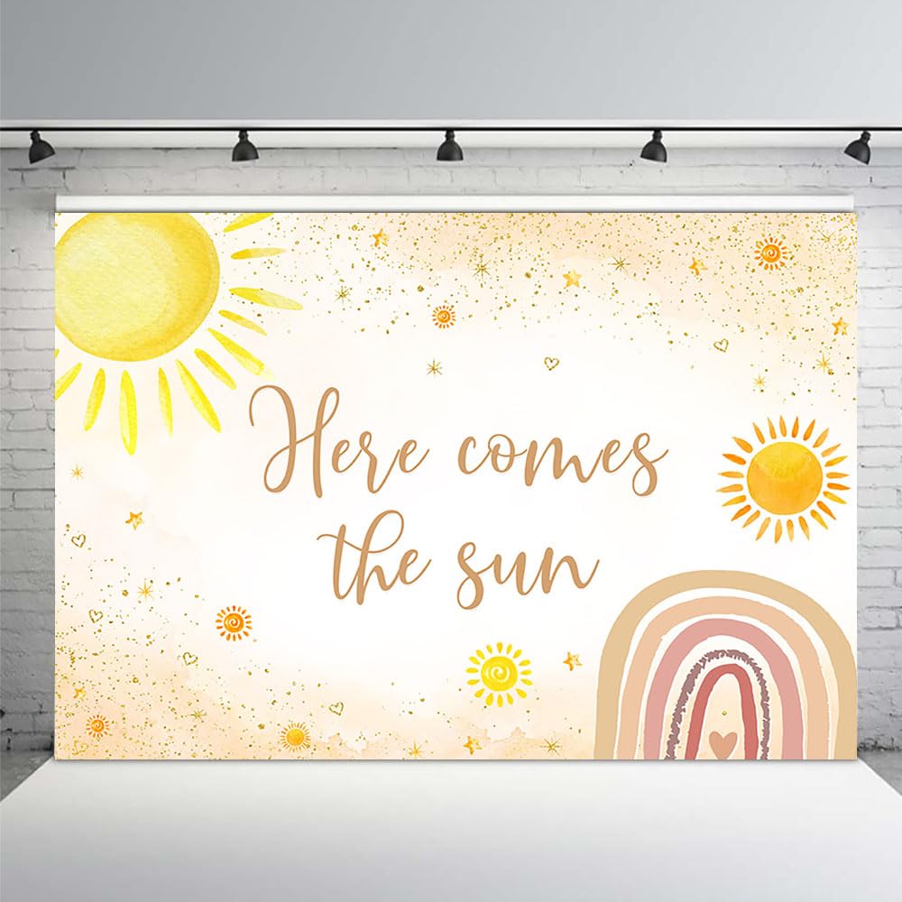 Photo 1 of MEHOFOND Here Comes The Sun Baby Shower Backdrop, Boho Sunshine Decor with 'Here Comes The Sun' Banner, Yellow/Orange Flag Banner with Vibrant Printing, 7ft x 5ft
